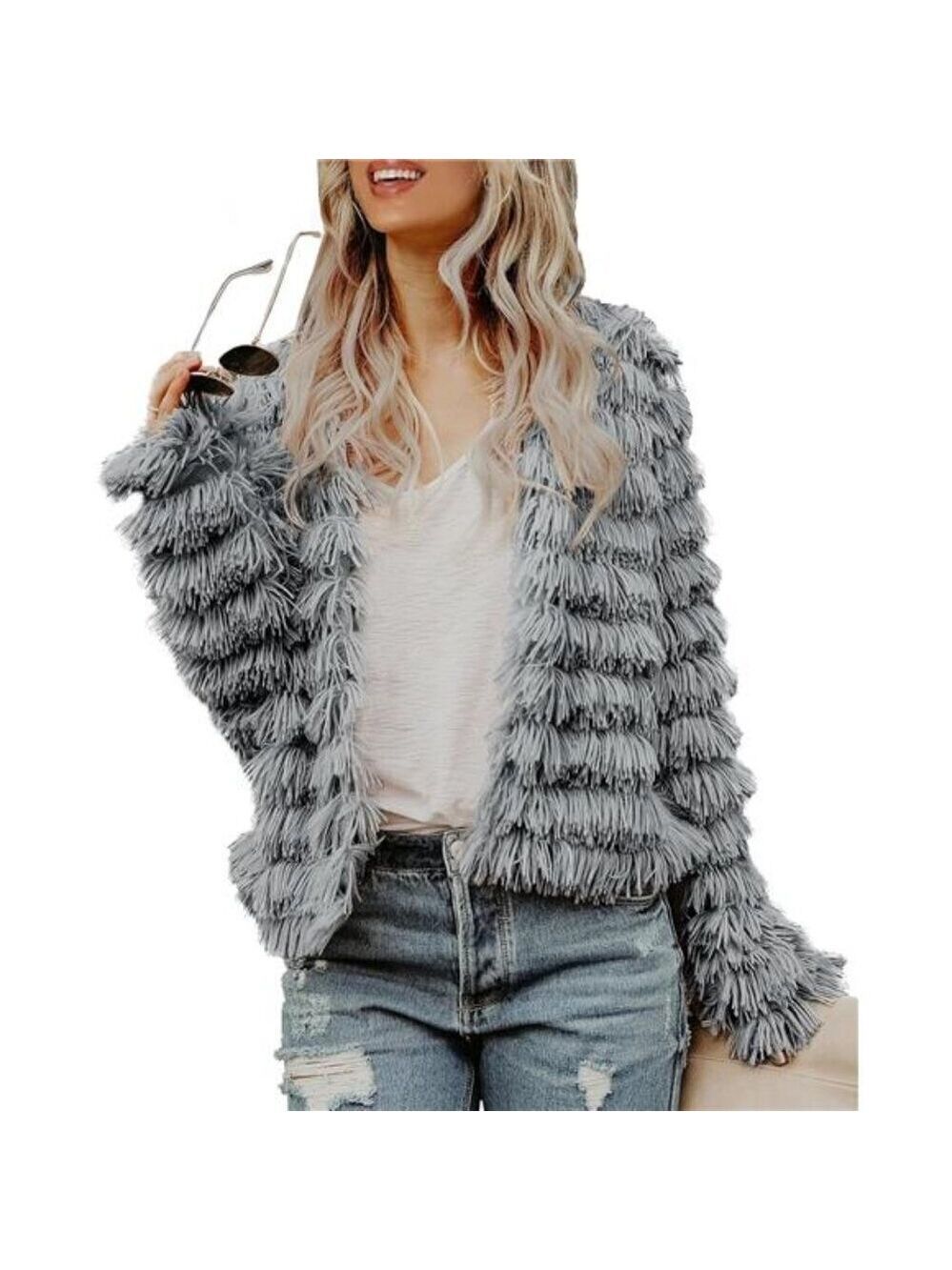Women’s Open Front Faux Fur Cardigan Grey Cozy Vintage Shaggy Fall Coat